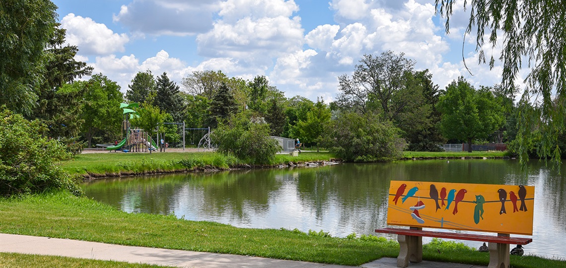 Park bench and pond. 