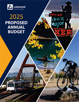 Cover of the proposed 2025 annual budget. Light rail, bicyclists, people on a canoe in a lake and the Chuck Wagon Diner sign