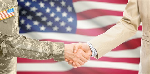 Handshake in front of a Flag