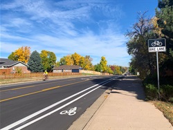 street with bike lanes on it. Man in yellow shirt riding a bike